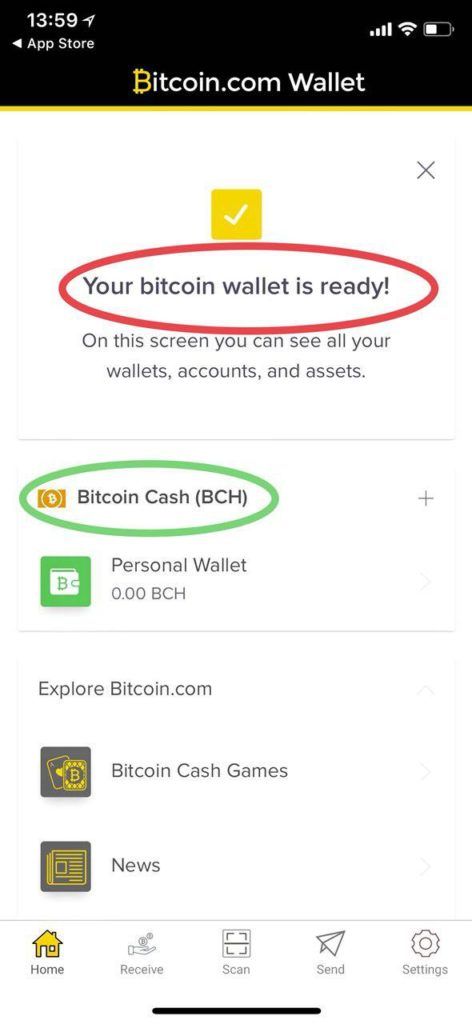 Peňaženka s názvom "Bitcoin wallet", hoci je určená pre Bitcoin Cash (BCH)