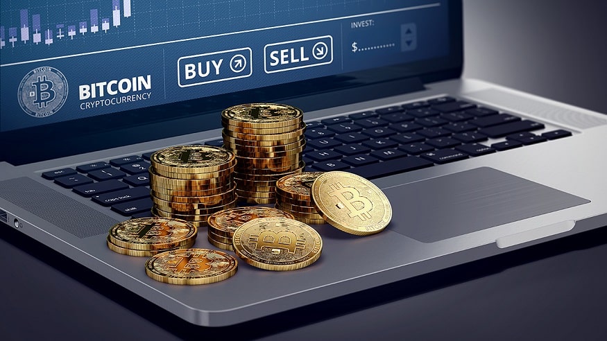 Laptop with Bitcoin chart on-screen among piles of Bitcoin. Bitcoin trading concept. 3D rendering