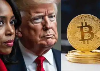 Kamala Harris, Donald Trump a Bitcoin - ilustračný